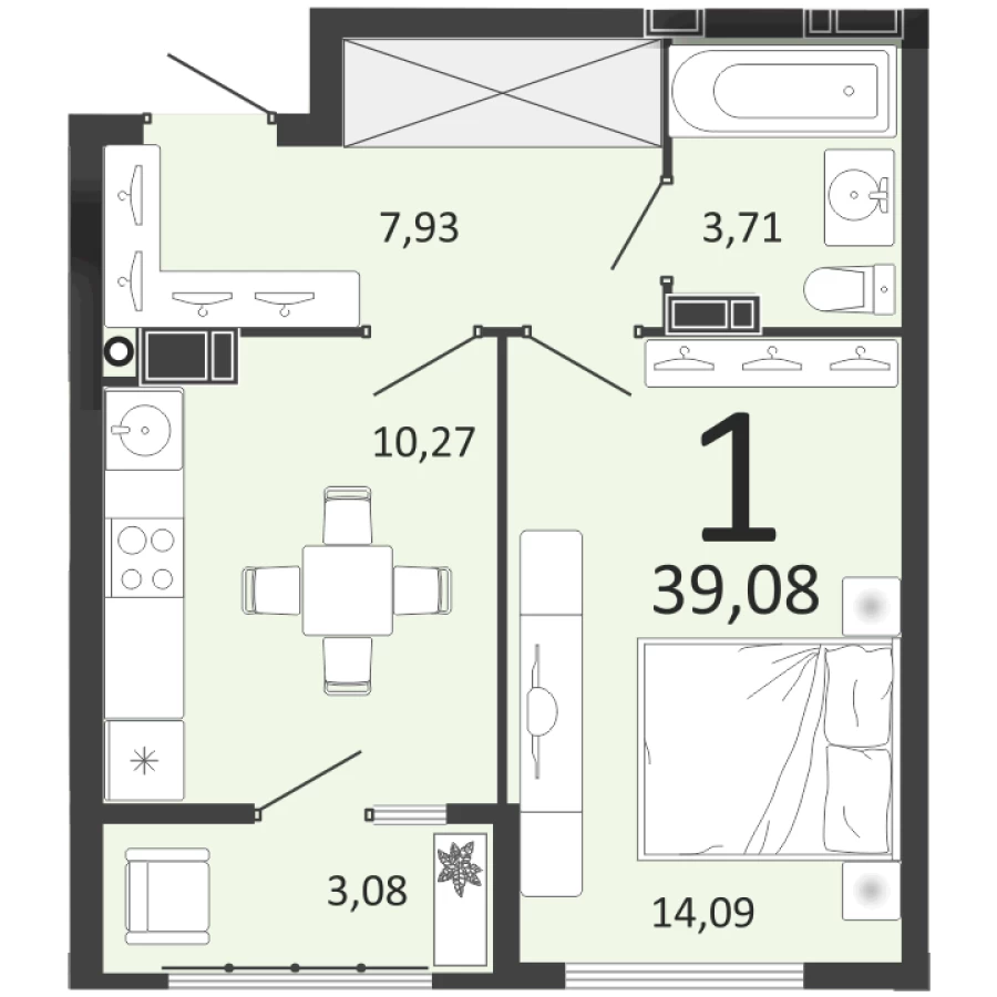 1-ая квартира в ЖК с парковкой и благоустроенной территорией 39,08 м2
